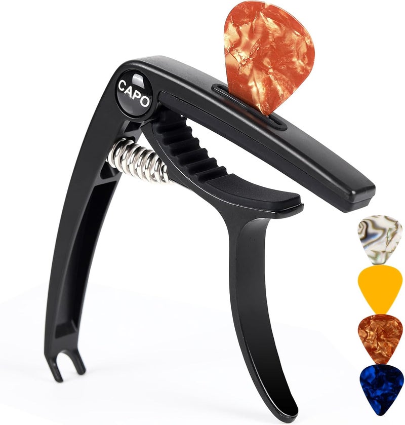 Aarvi Guitar Capo 6-String for Acoustic & Electric Guitars - Universal Clamp with 4 Premium Picks - Compatible with Ukulele, Banjo, Mandolin (Black) - Image 1